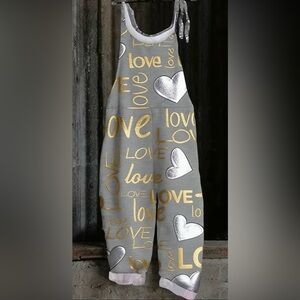 Stylish Gray Overalls with Gold and Silver Love Print